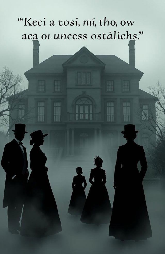 A moody illustration featuring six silhouettes in fog, set against the backdrop of a large 19th-century three-story house