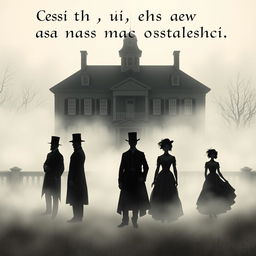 A haunting illustration featuring six silhouettes in a dense fog, set against the backdrop of a grand three-story 19th-century house