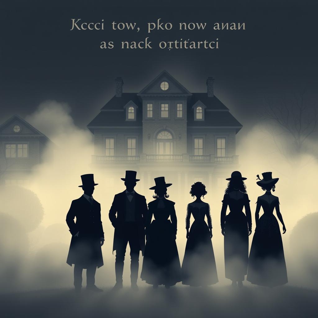 A haunting illustration featuring six silhouettes in a dense fog, set against the backdrop of a grand three-story 19th-century house
