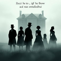 A haunting illustration featuring six silhouettes in a dense fog, set against the backdrop of a grand three-story 19th-century house