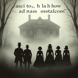 A haunting illustration featuring six silhouettes in a dense fog, set against the backdrop of a grand three-story 19th-century house
