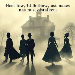 An evocative cover illustration featuring six silhouettes emerging from fog, set against the striking outline of a large three-story 19th-century house