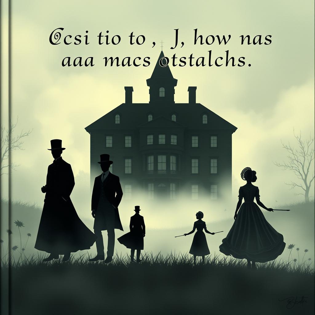 An evocative cover illustration featuring six silhouettes emerging from fog, set against the striking outline of a large three-story 19th-century house