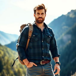 A rugged man standing confidently, wearing a well-fitted flannel shirt and sturdy jeans, holding a sturdy backpack slung over one shoulder