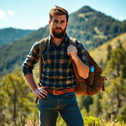 A rugged man standing confidently, wearing a well-fitted flannel shirt and sturdy jeans, holding a sturdy backpack slung over one shoulder
