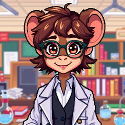 A pixel art character depiction of a female professor with monkey-like features, styled for a retro video game