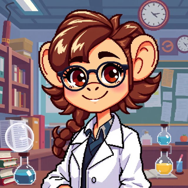 A pixel art character depiction of a female professor with monkey-like features, styled for a retro video game