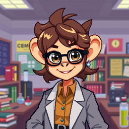 A pixel art character depiction of a female professor with monkey-like features, styled for a retro video game
