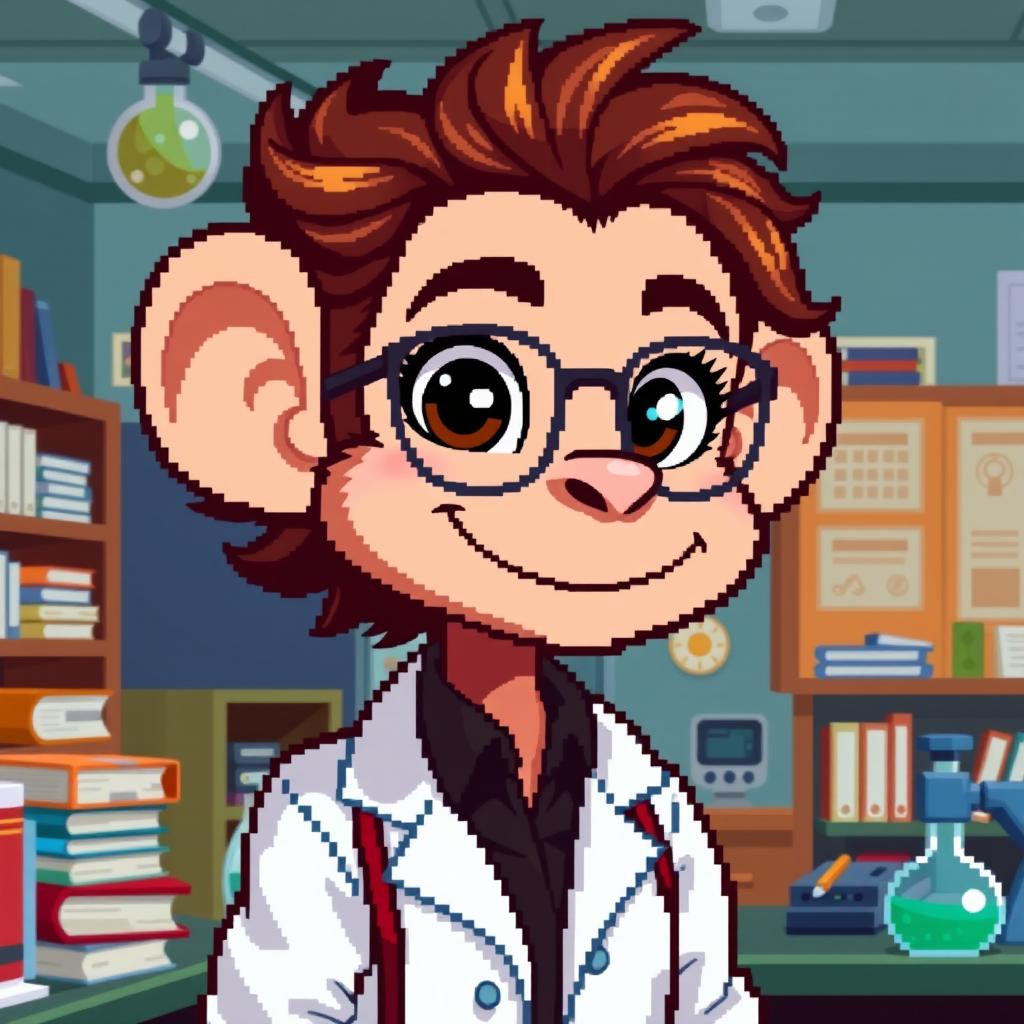 A pixel art character depiction of a female professor with monkey-like features, styled for a retro video game