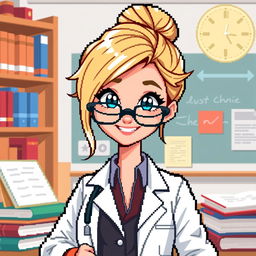 A pixel art character design of a female professor with blonde hair, crafted for a retro video game