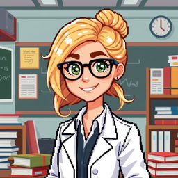 A pixel art character design of a female professor with blonde hair, crafted for a retro video game