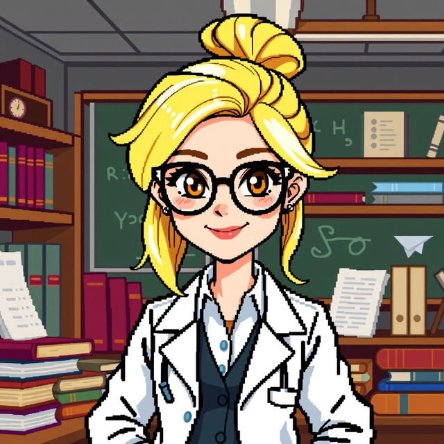 A pixel art character design of a female professor with blonde hair, crafted for a retro video game