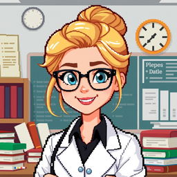A pixel art character design of a female professor with blonde hair, crafted for a retro video game