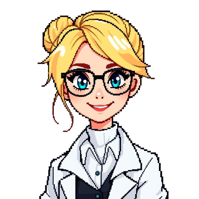 A pixel art character design of a female professor with blonde hair, styled for a retro video game, set against a clean white background