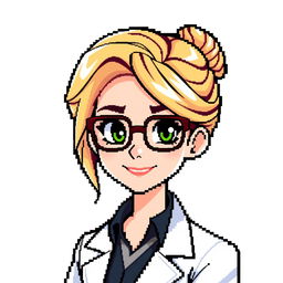 A pixel art character design of a female professor with blonde hair, styled for a retro video game, set against a clean white background