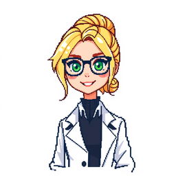 A pixel art character design of a female professor with blonde hair, styled for a retro video game, set against a clean white background