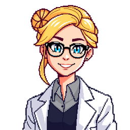 A pixel art character design of a female professor with blonde hair, styled for a retro video game, set against a clean white background