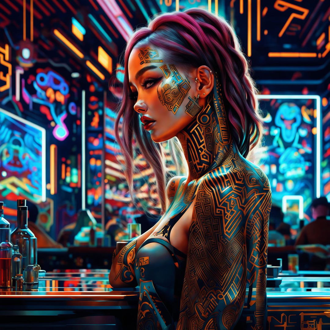 A high-quality digital art image depicting a luxurious scene in a cyberpunk world