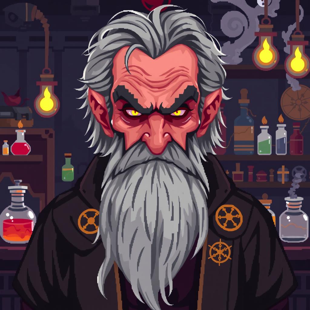 A pixel art character design of an evil older male professor, styled for a retro video game