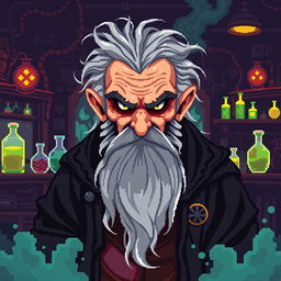 A pixel art character design of an evil older male professor, styled for a retro video game