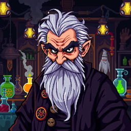 A pixel art character design of an evil older male professor, styled for a retro video game