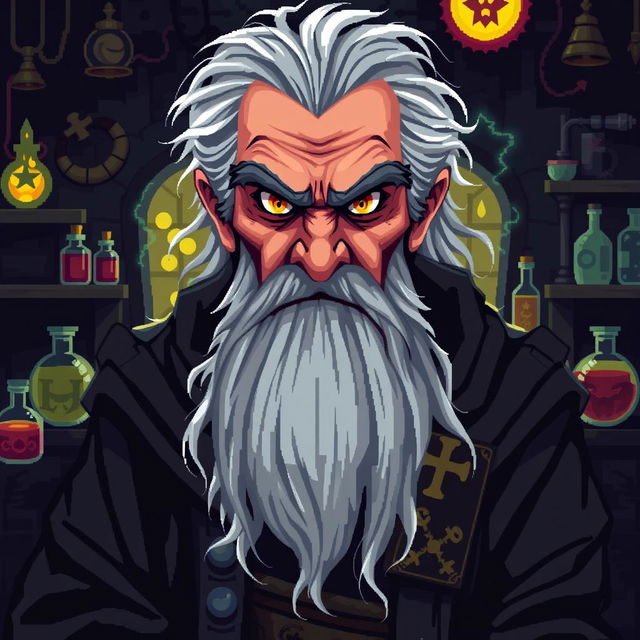 A pixel art character design of an evil older male professor, styled for a retro video game