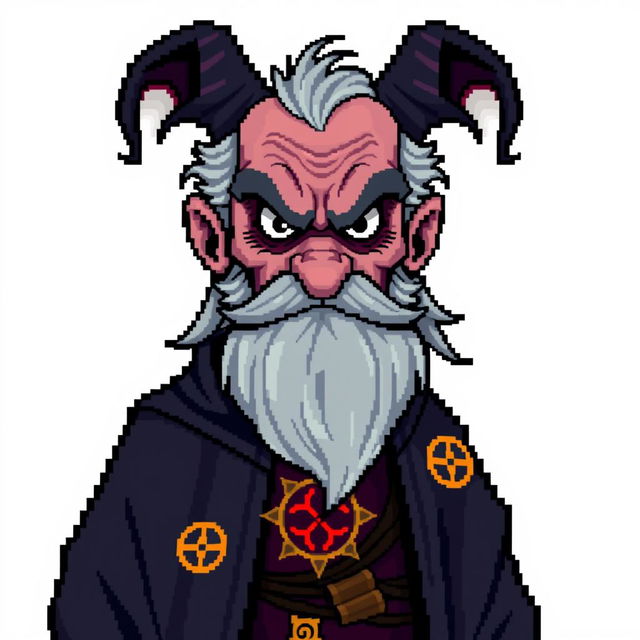 A pixel art character design of an evil older male professor with a long gray beard, styled for a retro video game