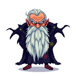 A pixel art character design of an evil older male professor with a long gray beard, styled for a retro video game