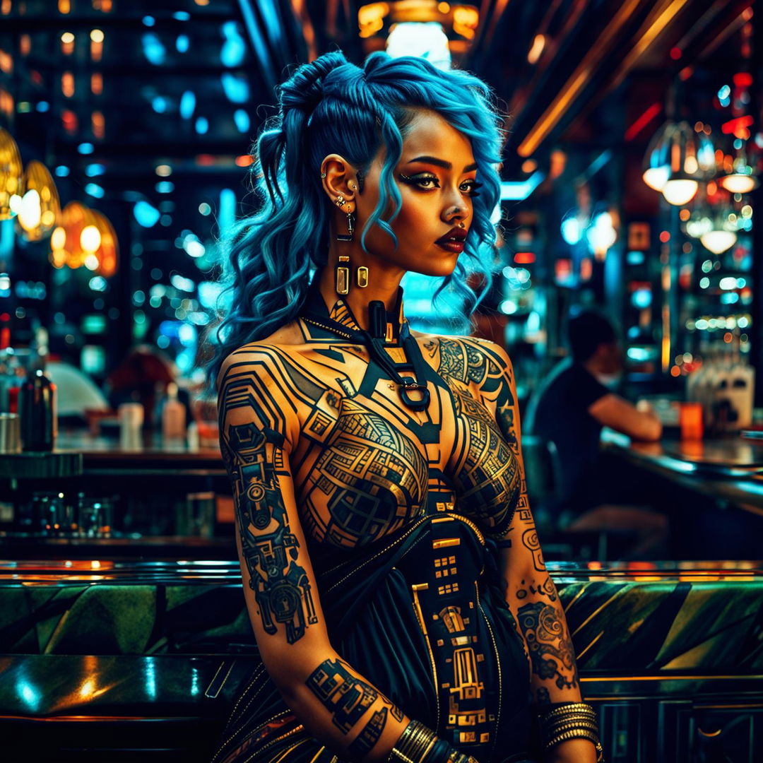 An HD, raw cinematic photograph of a luxurious cyberpunk scene