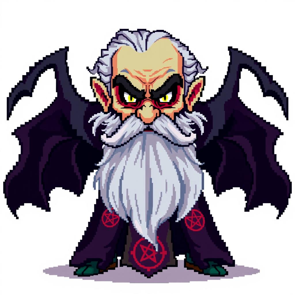 A pixel art character design of an evil older male professor with a long gray beard, styled for a retro video game