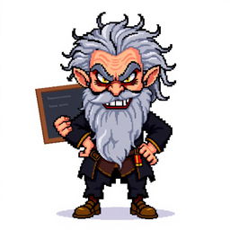 A pixel art character design of an evil older male school professor with a long gray beard, styled for a retro video game