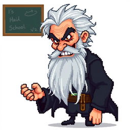 A pixel art character design of an evil older male school professor with a long gray beard, styled for a retro video game