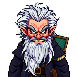 A pixel art character design of an evil older male school professor with a long gray beard, styled for a retro video game