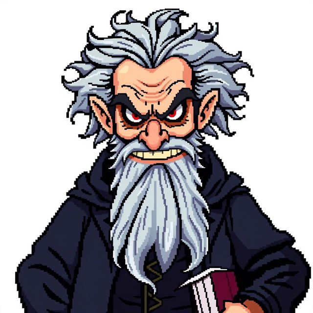 A pixel art character design of an evil older male school professor with a long gray beard, styled for a retro video game