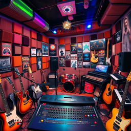A vibrant and creative music studio filled with various instruments such as guitars, drums, and keyboards