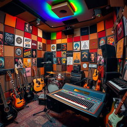A vibrant and creative music studio filled with various instruments such as guitars, drums, and keyboards
