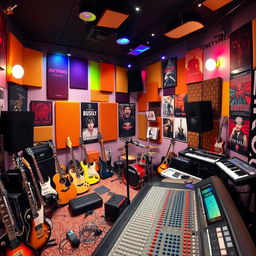 A vibrant and creative music studio filled with various instruments such as guitars, drums, and keyboards