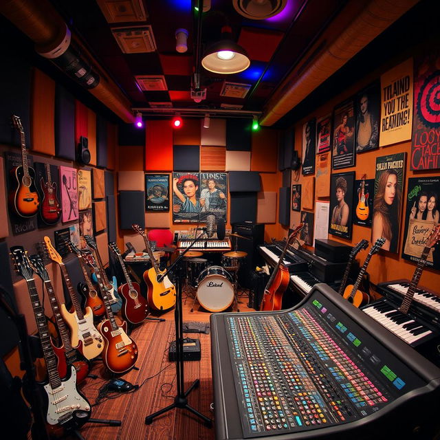 A vibrant and creative music studio filled with various instruments such as guitars, drums, and keyboards