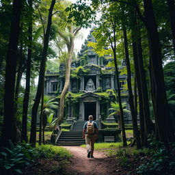 A solitary man walking through a dense, lush forest, surrounded by tall trees and vibrant greenery