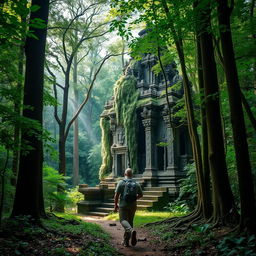 A solitary man walking through a dense, lush forest, surrounded by tall trees and vibrant greenery