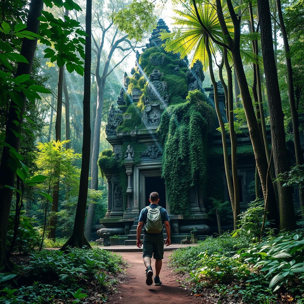 A solitary man walking through a dense, lush forest, surrounded by tall trees and vibrant greenery