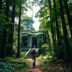 A solitary man walking through a dense, lush forest, surrounded by tall trees and vibrant greenery