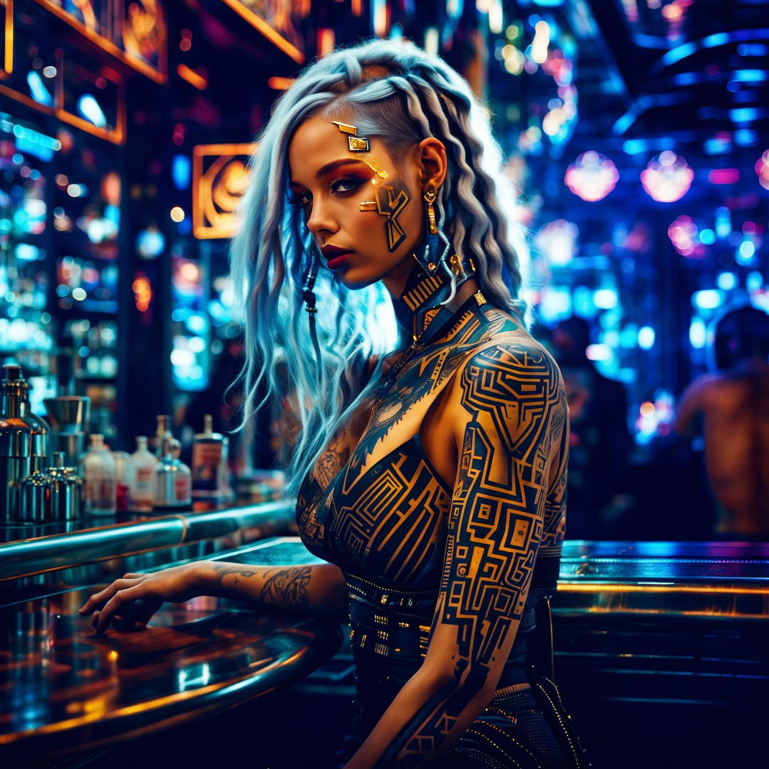 An HD, raw cinematic photograph of a luxurious cyberpunk scene featuring a stunning woman with luminescent gold geometric tattoos and waist-length silver hair, symbolizing her elite status in a high-end bar