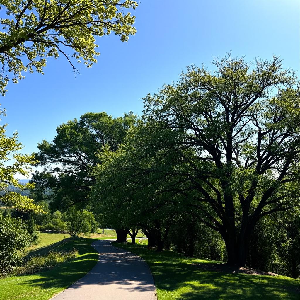 A serene landscape featuring majestic trees on the side, with a clear blue sky overhead