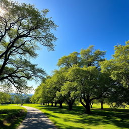A serene landscape featuring majestic trees on the side, with a clear blue sky overhead