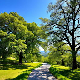 A serene landscape featuring majestic trees on the side, with a clear blue sky overhead
