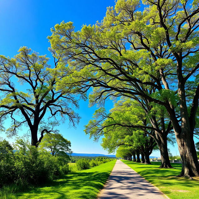 A serene landscape featuring majestic trees on the side, with a clear blue sky overhead