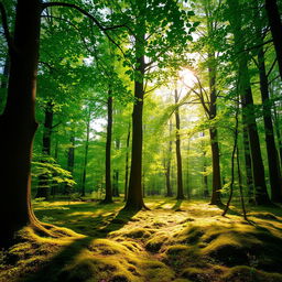 A serene forest landscape featuring tall, lush trees with vibrant green leaves