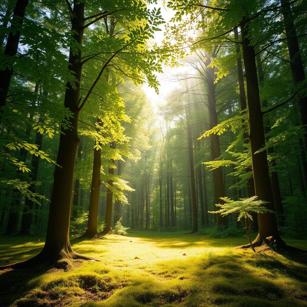 A serene forest landscape featuring tall, lush trees with vibrant green leaves