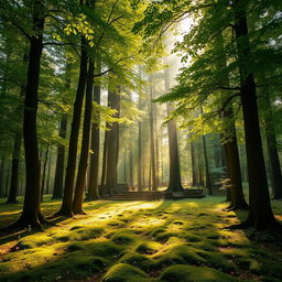 A serene forest landscape featuring tall, lush trees with vibrant green leaves